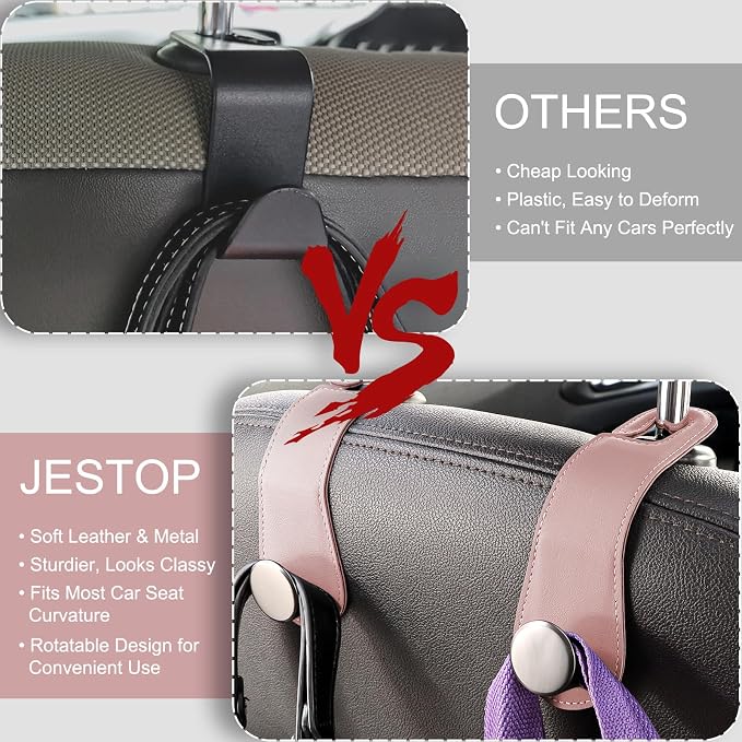 Leather Car Seat Storage Hanger, 2 Pack Stylish Hooks for Purses Bags, Coats Umbrellas, Pink