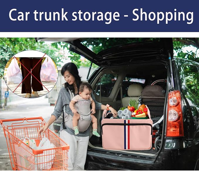 Trunk Organizer for Car, Waterproof Collapsible 3 Compartments Car Organizer, Foldable Storage for Car Accessories, Tools, Sundries for Women Men, Tote Bag (Pink, Standard)