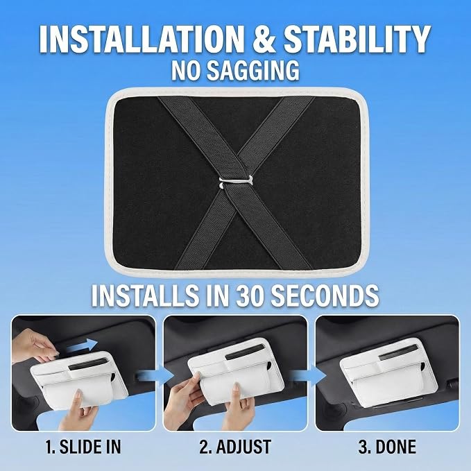 Car Visor Organizer – Sun Visor Storage Pouch Holder for Vehicle Truck SUV, PU Leather Auto Interior Accessories for Registration Document, Gas Card & Sunglasses, Universal Fit (White) | Keeps Registration, Cards & Sunglasses Neatly Within Reach
