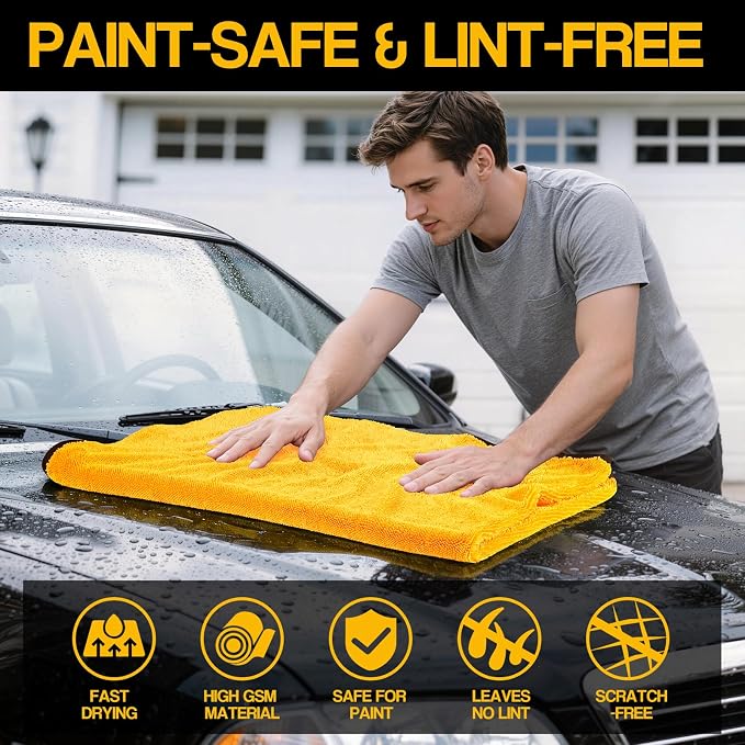 4 Pack Twisted Loop Car Drying Towel, 36x24 in Car Towels Cleaning Supplies, Reusable Shammy Quick Dry Cloth for Carwash, for Auto, Boat, Kitchen, Windows & Bathroom（Yellow）