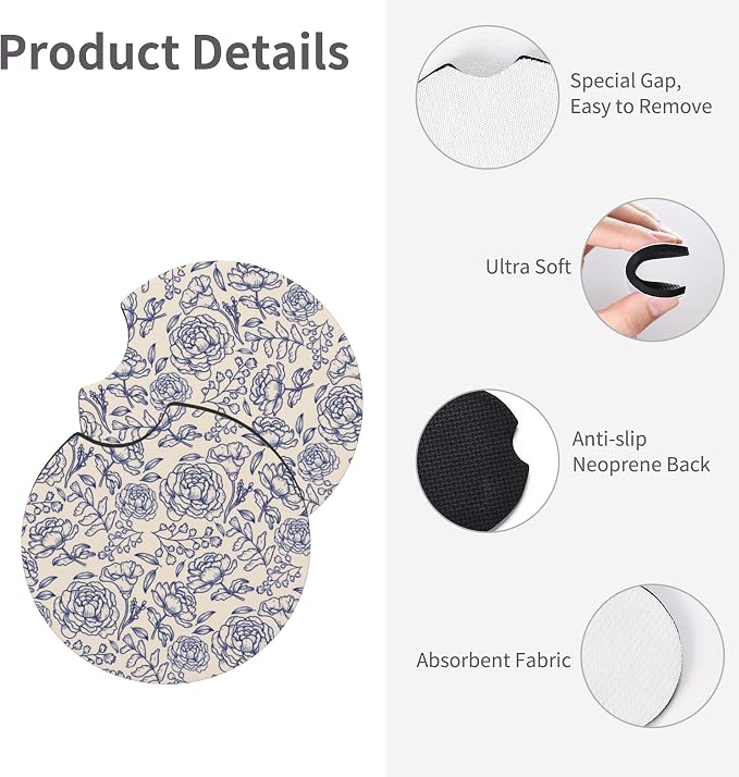 Blue Flower Steering Wheel Cover - Cute Anti-Slip Breathable Universal 14-15 in 2 Car Coasters for Men Women Beautiful Blue Floral Steering Wheel Cover Florals