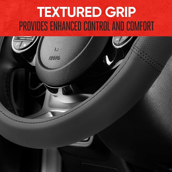 Soft Touch Leather Gray Steering Wheel Cover with Grooves, Advanced Traction Universal Fit for Standard Sizes 14.5 15 15.5 inches
