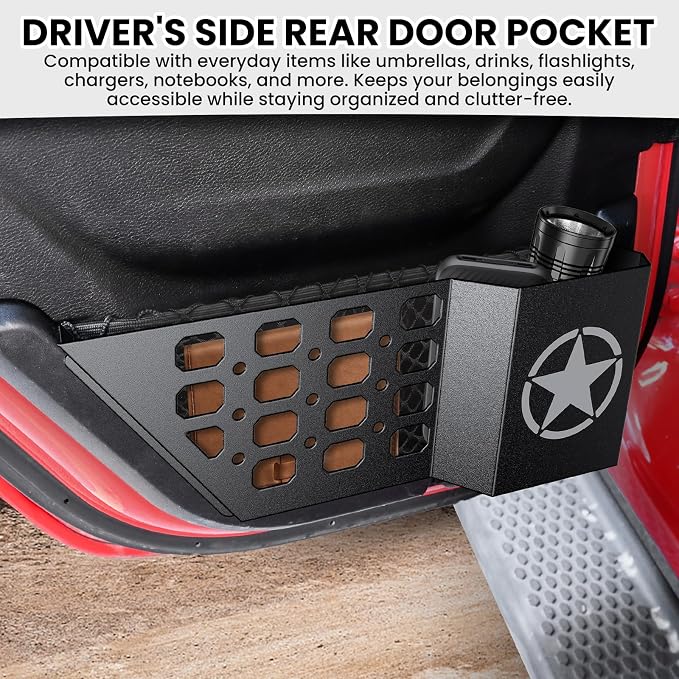 Metal Rear Door Pocket Storage Box for Jeep Wrangler JL JLU 4XE 2018-2026 & Gladiator JT 2020-2023 2023 2024 2025 2026 Accessories Door Storage Organizer Molle Panels, Star, 2PCS