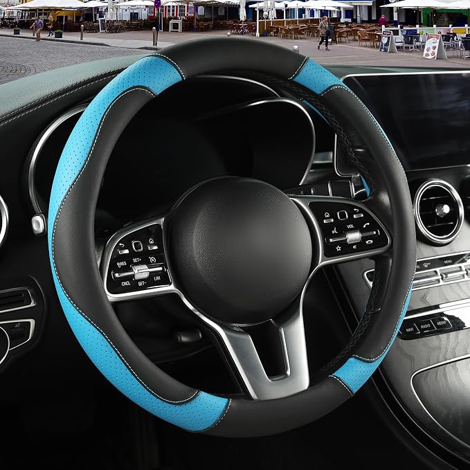 Black Blue Microfiber Leather Steering Wheel Cover 14 inch | Breathable Anti Slip Grip Cool Sporty Look Glow for Women Men