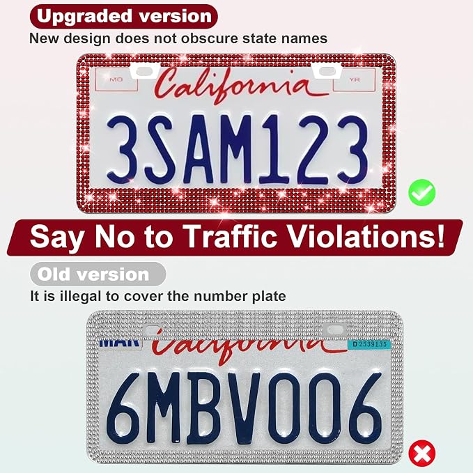 2 Pack Bling License Plate Frames for Women, Sparkly Rhinestone Diamond Car Accessories with Glitter Crystal Caps (Burgundy)