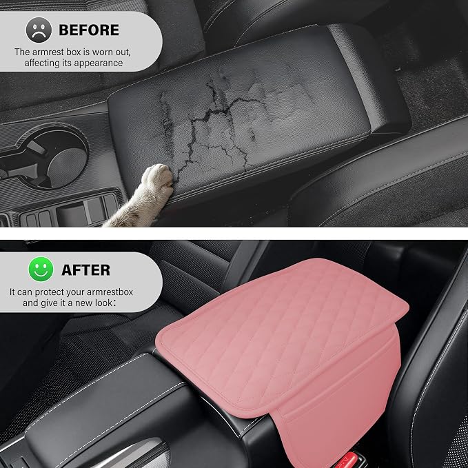 Car Center Console Cover, Upgraded Leather Car Armrest Cushion with 2 Storage Pockets, Universal Waterproof Cushion Pad, Non-Slip Car Interior Accessories, Fits Most Sedans SUVs Trucks (Pink)