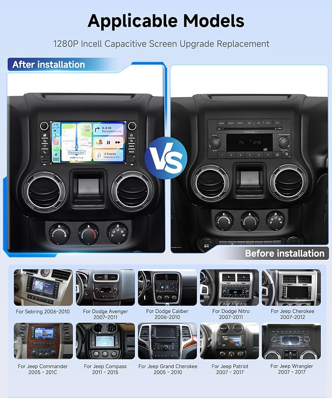4 Core 4G+128G Car Radio Stereo for Jeep Wrangler 2007–2018 with DSP/Wireless Carplay/Android Auto, 7 inch Incell Touch Screen Wrangler Radio Bluetooth 5.0 FM/RDS Mirrorlink SWC Backup Camera