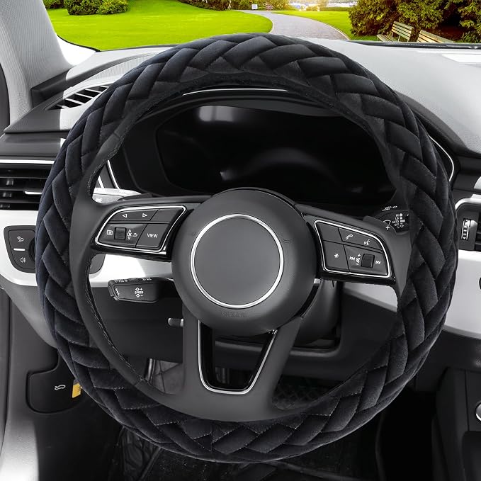 YHONGJT Soft Velvet Steering Wheel Cover Cute Hands Warm Fuzzy, Universal 15 Inch for Women Girls, Fit Vehicles, Sedans, SUVs, Vans, Trucks - Black