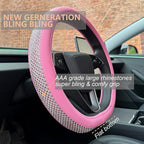 D Shaped Bling Comfy Steering Wheel Cover with Jumbo Crystal Rhinestones, Anti-Slip Diamond Leather, Flat Bottom 14.5-15 Inch (All Pink)