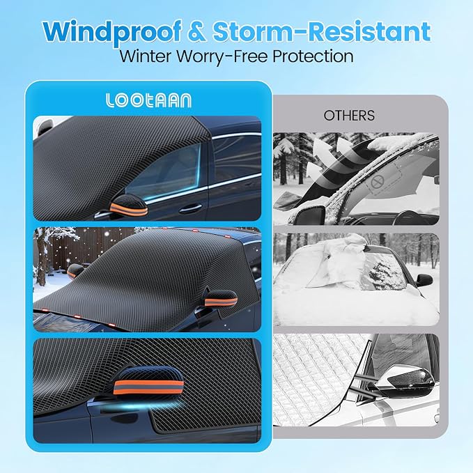 Windshield Cover for Ice and Snow - Heavy-Duty Winter Frost Guard with Side Mirror Pockets, Waterproof All-Weather Windproof Car Window Cover for Cars, Trucks, SUVs