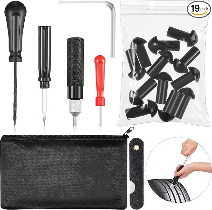 19 Pcs Tire Repair Kit Mushroom Plug Set, Heavy Duty Tubeless Tire Puncture Repair Tool Kit for Cars, Trucks, Motorcycles & ATV, Emergency Roadside Flat Fix Set with Portable Storage Pouch