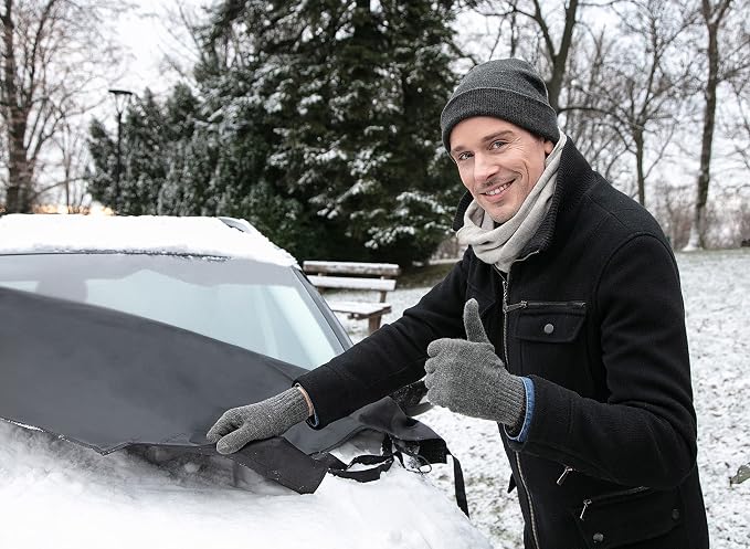 Windshield Cover for Ice and Snow - Snow Cover for Car, Truck and SUV Made of All-Weather 600D Polyester with 6 Anchor Points Ends Ice Scraping and Protects Window Glass from Scratches (79” x 45”)