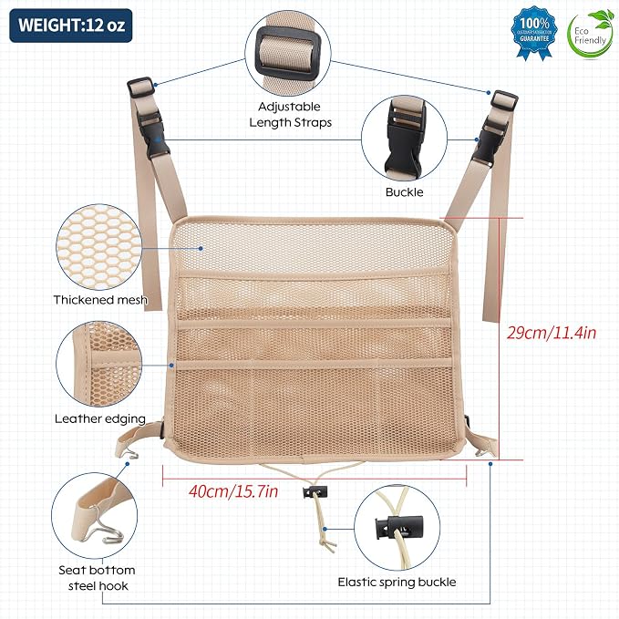 Car Net Pocket Handbag Holder Between Seats Back Storage Organizer 3 - Layers Purse Holder for Console Front Seat Storage Barrier, Beige