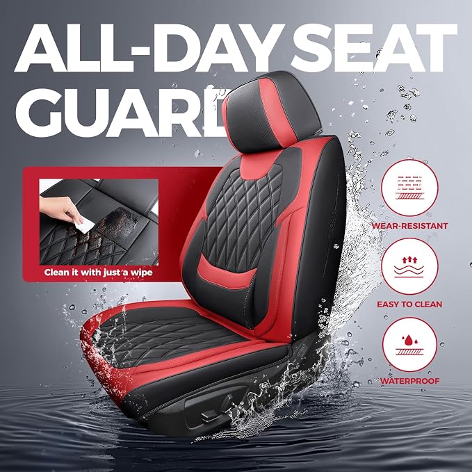 Front Seat Covers for Cars - Ultra Breathable Waterproof Faux Leather Car Seat Cover Protectors with Lumbar Support, Universal Fit for Most 5 Seats Vehicles Sedans Hatchbacks Pickup, Black Red