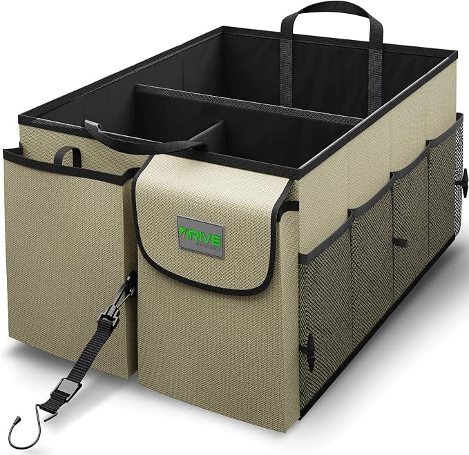 Car Trunk Organizer - Collapsible, Multi-Compartment Automotive SUV Car Organizer for Storage w/Adjustable Straps - Truck & Car Accessories for Women and Men - Tan