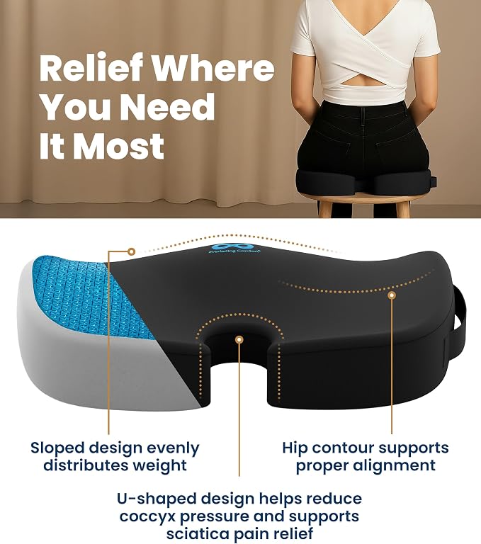Doctor Recommended Memory Foam Seat Cushion for Office Chairs & Car - Ergonomic Office Desk Accessories - Cushions for Tailbone Pain Relief, Sciatica (Black Cool, Large)