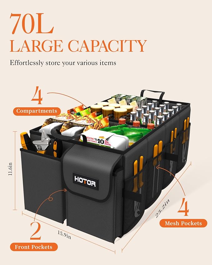 Trunk Organizer - Car Organizer, Foldable Trunk organizer for SUVs & Sedans, Sturdy Car Organization for Car Accessories, Tools, Sundries, Black, 4 Compartments, 23.2"×16.0"×11.6"