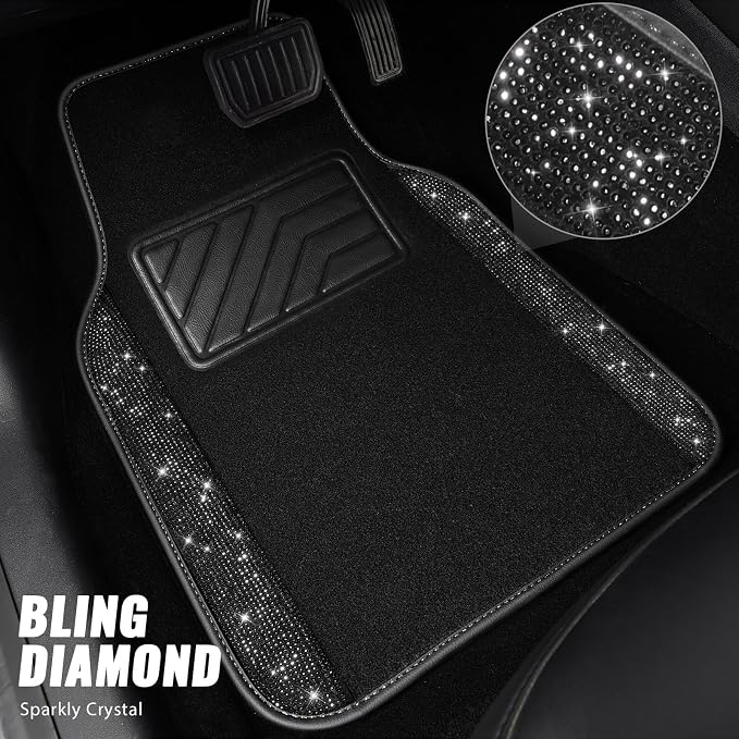 Bling Diamond Car Floor Mats, Sparkling Crystal Shining Glitter Rhinestone Carpet, Anti-Slip PVC Heel Pad Waterproof Universal for Automotive SUV,Sedan,Van,4pcs Girl Women Men Black Diamond