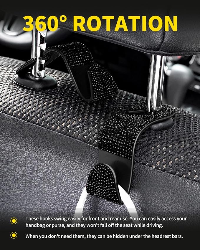 4 Pack Blink Diamond Car Seat Headrest Hooks Crystal Rhinestone Car Purse Holder Universal Interior Accessories for Handbags, Water Bottles, Coats, Umbrellas, Black