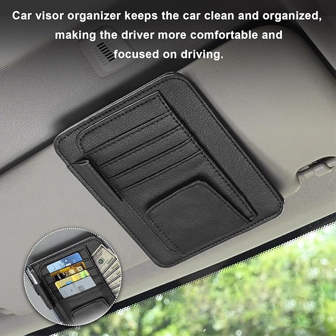 Small Leather Car Sun Visor Organizer, Multifunctional Auto Visor Document Holder with Sunglasses Clip, Universal Car Interior Organizer for Drving License, Card, Pen (Black)