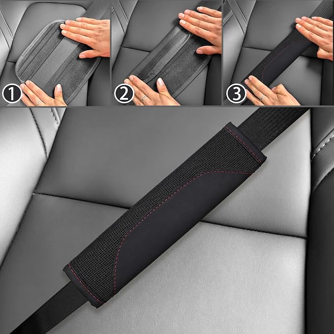 6 PCS Nappa Microfiber Leather Black Steering Wheel Cover Set, Breathable Fabric Steering Wheel Cover 14.5-15inch Universal, Car Center Console Cover, Seat Belt Cushion, Cup Holder Coaster