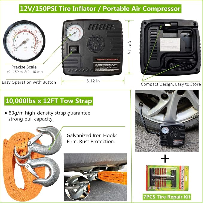 78-Piece Car Emergency Kit - Comprehensive Roadside Assistance Kit with Jumper Cables, Portable Air Compressor, Tow Straps, First Aid Kit, and Essential Safety Tools for Men and Women