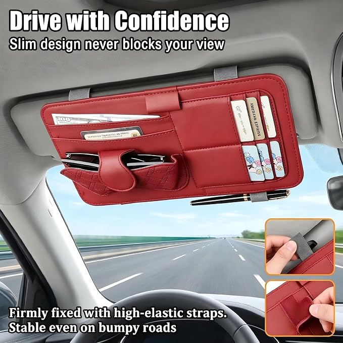 Car Sun Visor Organizer, Multi-Pocket Visor Storage Pouch for Sunglasses, Cards, Pens, Document, Waterproof Leather Auto Interior Organization Accessories, Universal for Most Cars (Red)