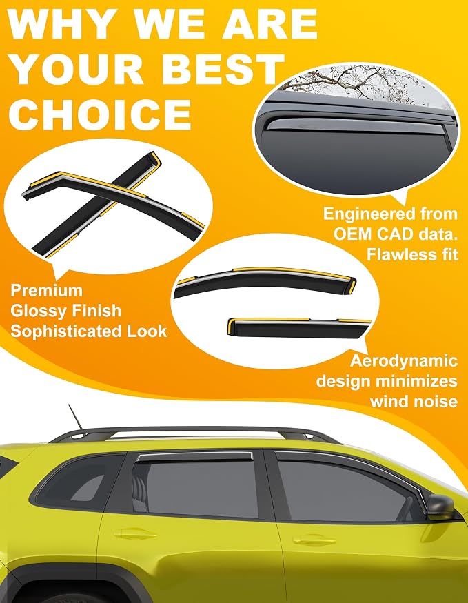 in-Channel Window Rain Guard for Fit for Jeep Cherokee 2014-2023 Rain Guards Side Window Visors Low Profile Vent Visor Window Deflectors Vent Shades Car Accessories