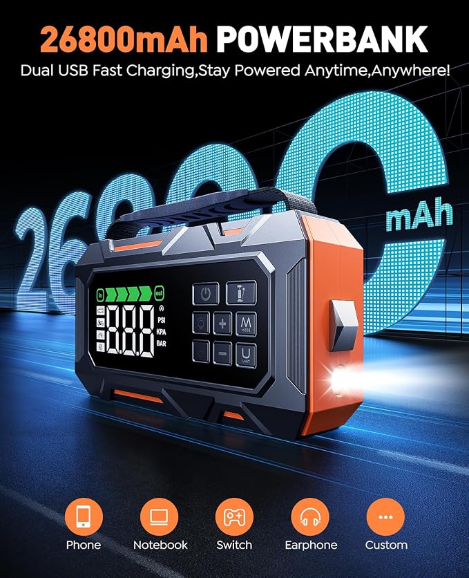 16-in-1 8000A Car Battery Jump Starter with Air Compressor 160PSI, Jump Starter Jump Box (All Gas 12L Diesel) with Portable Jumper Cables, Auto-Shutoff Tire Inflator, Gloves, Tow Rope