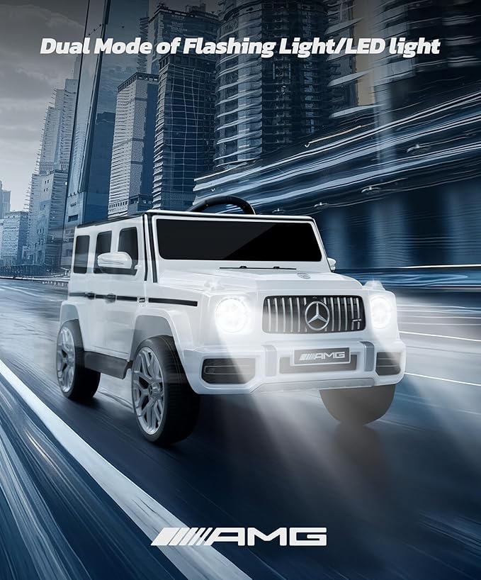 Licensed Mercedes-Benz AMG G63 Ride on Toys,Electric Car for Kids W/Parents Control,Electric Powered G Wagon Ride On Truck Toy,Low Battery Prompt,Bluetooth,Flickering Lights/LED Lights, White