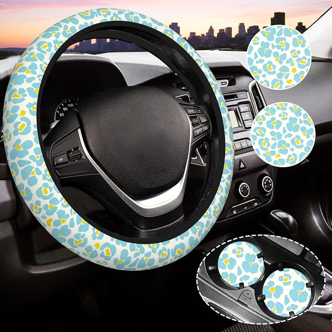 Blue Flowers Steering Wheel Cover for Women, Steering Wheel Covers with Anti-Slip Lining, Universal 14.5-15 inchs Car Interior Accessories with 2PCS Car Coasters Suitable for Men and Women