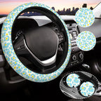 Blue Flowers Steering Wheel Cover for Women, Steering Wheel Covers with Anti-Slip Lining, Universal 14.5-15 inchs Car Interior Accessories with 2PCS Car Coasters Suitable for Men and Women