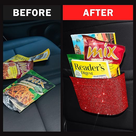 Car Trash Can, Hanging Trash Bin, Leakproof Garbage Organizer, Bling Vehicle Waste Basket, Mini Dustbin Container with Clip for Car, Office, Kitchen, Bedroom, Home and More, Red, Small