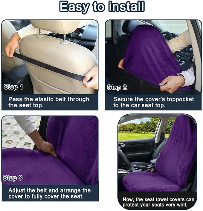 Car Seat Towel Cover, Universal Front Seat Protector for Cars, SUVs and Trucks, Sweat Towel Car Seat Cover for Gym, Yoga, Swimming, Pets and Family Travel, Profound Purple, 2 Pack