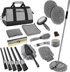 Car Wash Kit, 62'' Car Washing Brush with Long Handle, Extendable Car Wash Brush Mop with 2-in-1 Windshield Squeegee and 9Pcs Detailing Brushes, Gray Car Detailing Kit Gift for Men