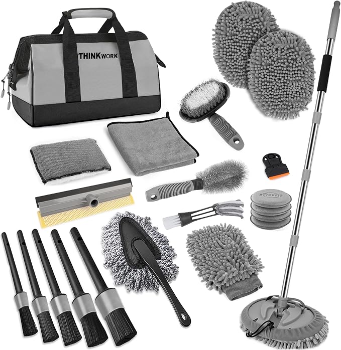 Car Wash Kit, 62'' Car Washing Brush with Long Handle, Extendable Car Wash Brush Mop with 2-in-1 Windshield Squeegee and 9Pcs Detailing Brushes, Gray Car Detailing Kit Gift for Men
