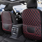 Leatherette Car Seat Protector - 2 Pack Large Car Kick Mats with Storage Organizer Seat Back Cover Against Dirty Shoes & Scratches, Universal Fit for Most Vehicles (Black with Red Line)