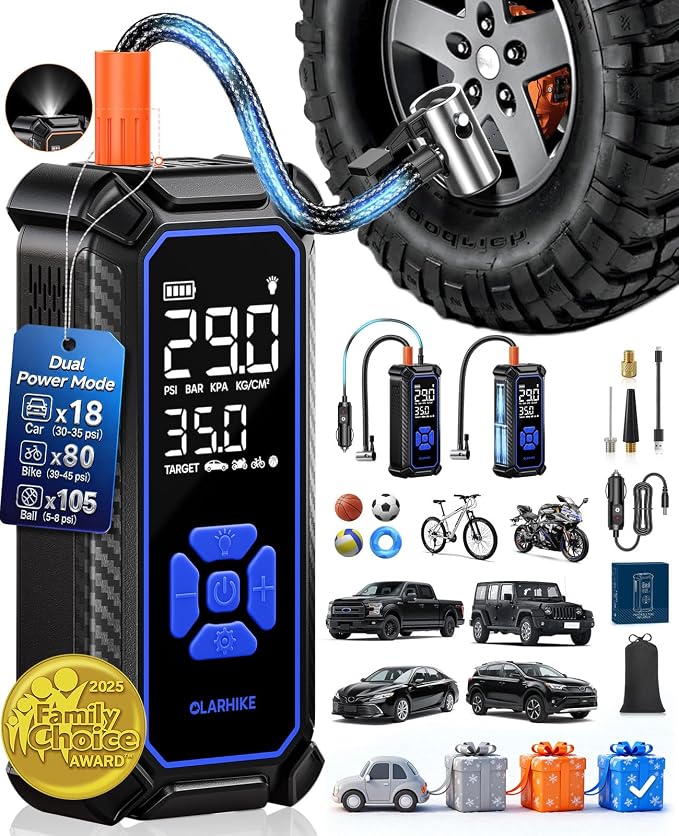 Tire Inflator Portable Air Compressor, Dual Power - 6000mAh & 12V DC, Cordless Air Pump for Car Tires, Bikes, Motorcycle, Balls with LED & Digital Pressure Gauge, Auto Shut-off
