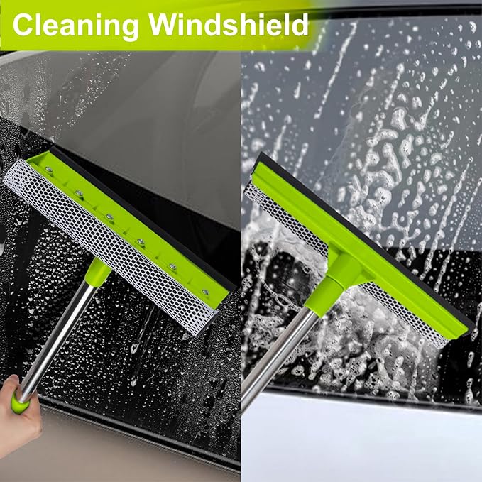Window Squeegee with 15-24" Long Handle, 2-in-1 Squeegee Cleaner Tool, Retractable Stainless Steel Handle for Car Windshield, Shower Glass, Glass Doors, Outdoor Windows, High Windows