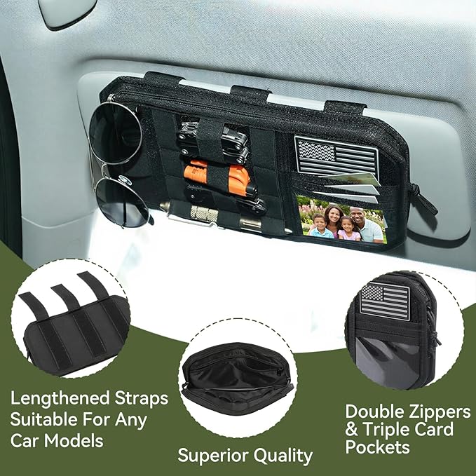 molle Tactical Sun Visor Organizer car Zipper Storage Pouch & Glasses Clip | Police Tactical Visor Molle Panel Interior Vehicle pocket Accessories for Truck Suv Police Car Gear Supplies (Black)