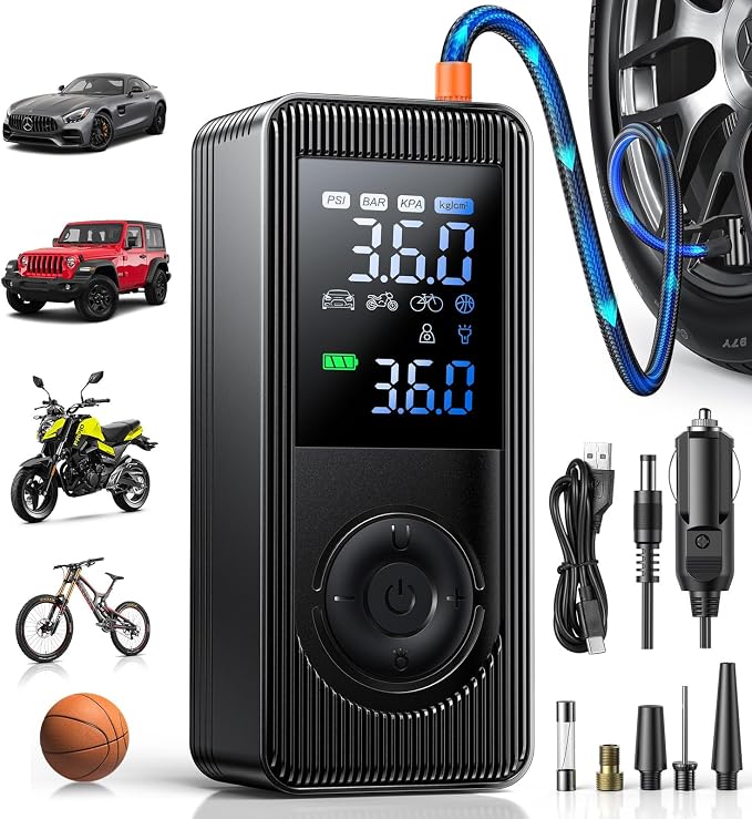 Tire Inflator Portable Air Compressor - 150 PSI 4X Fast Inflation Rechargeable Battery & 12V DC Adapter Powered Air Pump for Car Bike Motorcycle Tires Balls with LCD Display, LED Light