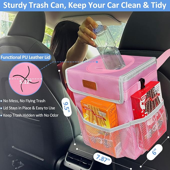 Car Trash Can for SUVs, Trucks, Vans - Pink, 2 Gallons Capacity, Leak-Proof Liner, Utility Clasps, Cute Design