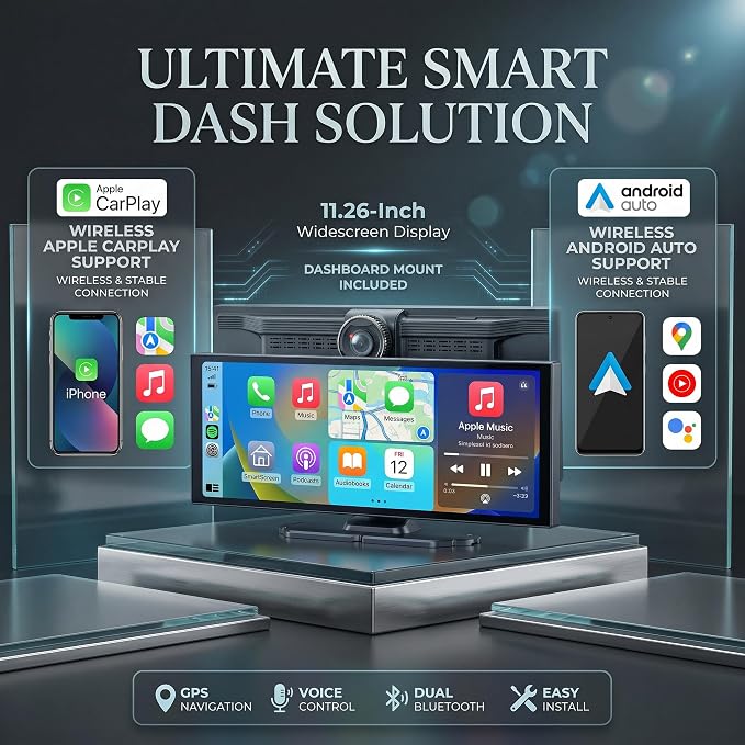 11.26" Carplay Screen for Car,4K Dash Cam,Portable Tablet for Apple Android Auto,Stereo Audio Radio,Rear Backup Camera,Voice Touch Control GPS Navigation,Bluetooth,Wireless Mirror for Truck