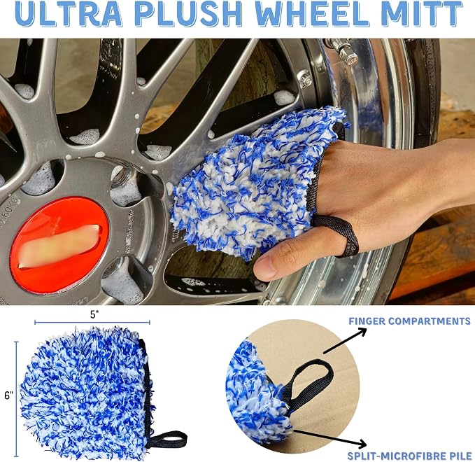 7PCS Car Wheel Rims Detail Cleaning PRO Wash Kit, Wheel Wash Mitt, Tire Brush, 2PCS Soft Wheels Brush, Detailing Brush, and Tire Dressing Pads, Microfiber Dry Towel Scratch-Free Cleaning