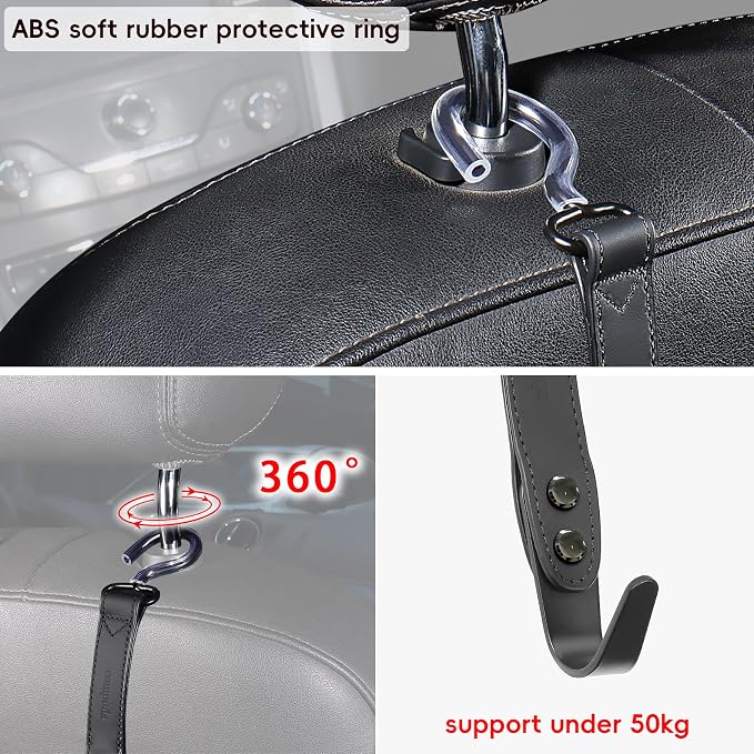 Car Hooks,Car Purse Hook,Car Headrest Hook 2 Pack Leather Headrest Hooks for car Accessories,SUS304 Car Bag Hooks(Black)