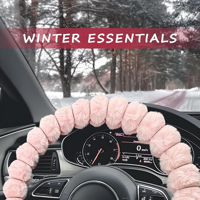 Sun Walker Fluffy Car Steering Wheel Cover, Soft Plush Anti-Slip Steering Wheel Protector for Warm Winter, Fuzzy Comfortable Wheel Cover Auto Interior Accessories for Women Girl (Pink)