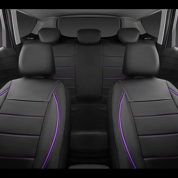 Piping PU Leather Car Seat Cover,Inside Zipper Design and Reserved Opening Holes Airbag Compatible,Universal FIT for Car, SUVs,Van,Trucks,Full Set, Black & Purple