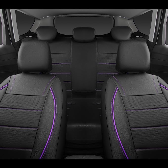 Universal FIT Piping Leather Two Front Seat Covers, Waterproof Faux Leather for SUV Sedan Van Truck, Airbag Compatible,Reserved Opening Holes for Headrest Covers(Black and Purple)