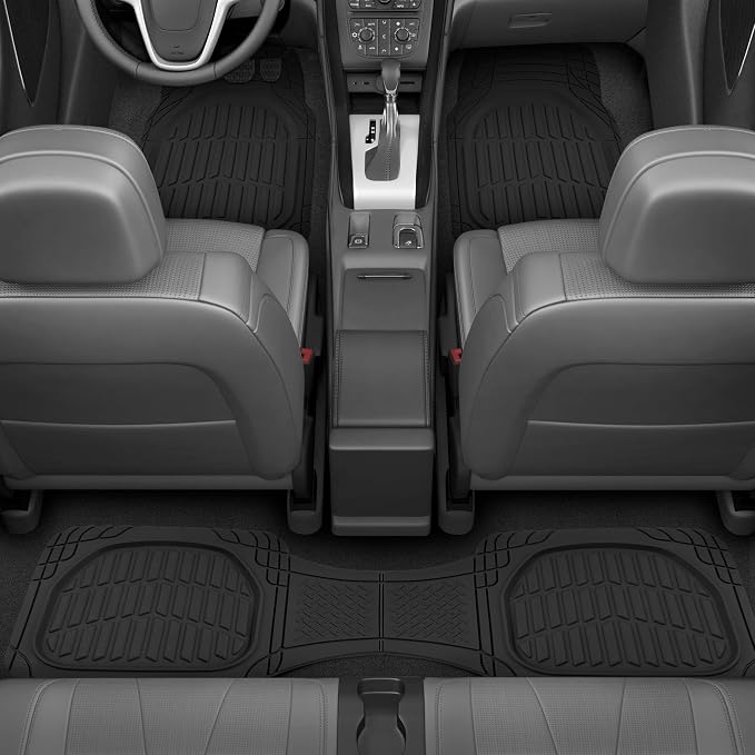 FlexTough LITE Rubber Car Mats Full Set - All Weather Floor Mats for Cars & SUVs - Automotive Waterproof Black Car Floor Mats for Cars Interior Accessories Universal Trim-to-Fit
