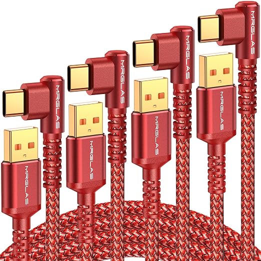 3.2A USB C Charger Cable,[4-Pack,10+6.6+3.3+1.6FT] USB A to USB C Right Angle Gold-Plated Type C Charger Fast Charging Durable Braided Cord for iPhone 17 16 15 Samsung S10 Note 10 S21 LG-Red